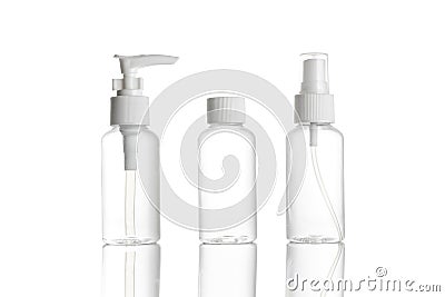 Gel bottle. Clear plastic blank for soap shampoo and mineral cosmetic isolated on white. Water cap spray on transparent Stock Photo
