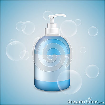 Gel, Foam, Shampoo Or Liquid Soap Dispenser Pump Plastic Bottle Blue. Bubbles Cartoon Illustration