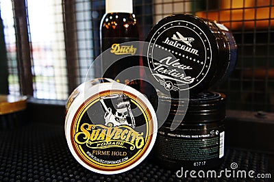 Gel for male styling - SuaVecito, hairgum, ducky. pomade strong firme hold. trendy barbershop styling Editorial Stock Photo