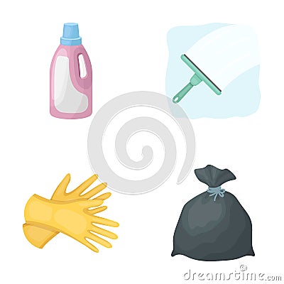 Gel for washing in a pink bottle, yellow gloves for cleaning, a brush for glass, a black bag for garbage or waste Vector Illustration