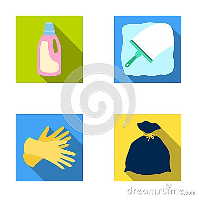 Gel for washing in a pink bottle, yellow gloves for cleaning, a brush for glass, a black bag for garbage or waste Vector Illustration