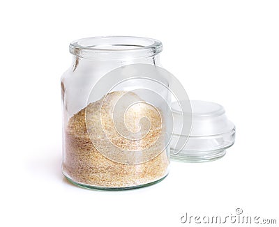 Gelatin or gelatine in the glass jar. On white background. Stock Photo