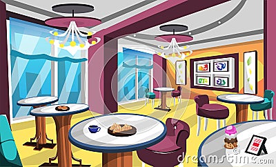 Gelato Ice Cream Cafe With Fancy Chair And Table, Classic Lamp, Big Windows, Artistic Wall Picture For Vector Illustration Stock Photo