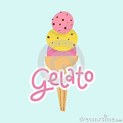 Gelato logo with lettering. Cute Italian frozen fruit dessert in cone with chocolate crumble. Vector Illustration