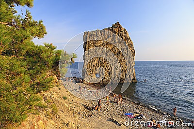 Gelendzhik, Russia. The bay in Divnomorsk. A single rock in the sea is like a sailboat Editorial Stock Photo