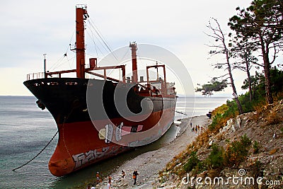 GELENDZHIK, RUSSIA. Rio ship stranded after a storm in the Black Sea. View from above Editorial Stock Photo