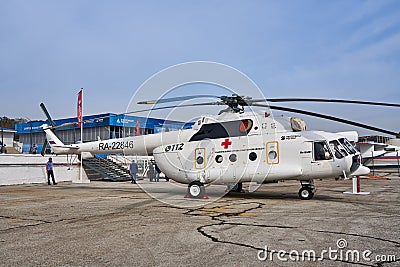 Russian medical helicopter Mi-8AMT is demonstrated at the exhibition area on the Black Sea coast in the parking. Editorial Stock Photo