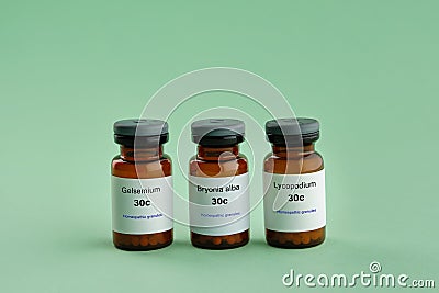 Gelsemium, Bryonia, Lycopodium - remedies recommended by homeopaths for treatment and prophylaxis of influenza. Stock Photo