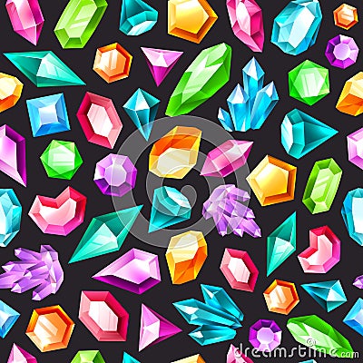 Gem seamless pattern. Gemstones amethyst, topaz and quartz. Diamonds and ruby, sapphire, crystal and emerald, jewels Vector Illustration