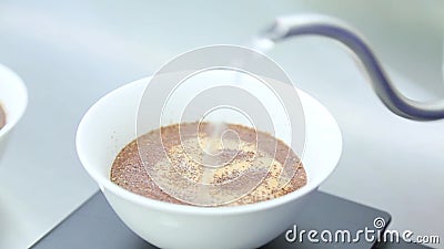 Gemahlener Kaffee wird durch kochendes Wasser gegossen stock footage Gemahlener Kaffee wird durch kochendes Wasser gegossen stock footage