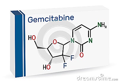 Gemcitabine molecule. Skeletal chemical formula. Paper packaging for drugs. Vector Illustration