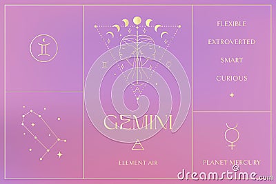 Gemini Gold Zodiac Sign Design Illustrations. Esoteric Vector Element, Icon Vector Illustration
