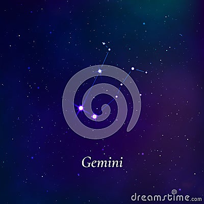 Gemini sign. Stars map of zodiac constellation on dark blue background. Vector Vector Illustration