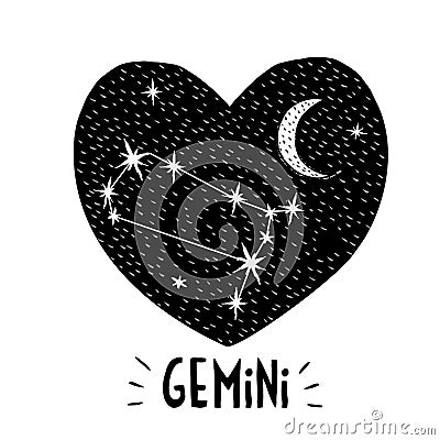 Gemini Symbol. Hand Drawn Zodiac Vector Illustration. Infantile Graphic. Black Heart. Vector Illustration