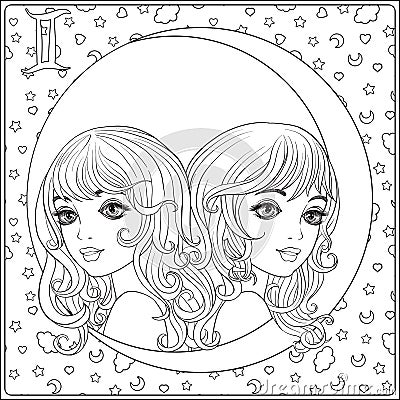 Gemini, twins. A young beautiful girls In the form Vector Illustration