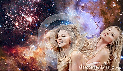 Gemini Zodiac Sign. Astrology and horoscope, Beautiful woman Gemini on the galaxy background Stock Photo