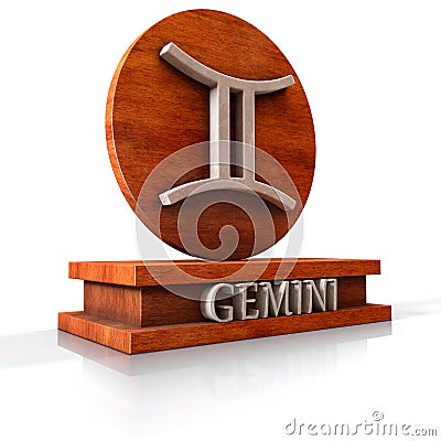 Gemini zodiac sign. 3D illustration of the zodiac sign Gemini made of stone on a wooden stand with the name of the sign at the bas Cartoon Illustration