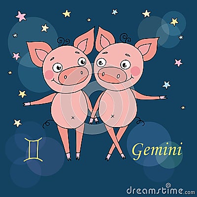 Gemini zodiac sign on night sky background with stars Vector Illustration
