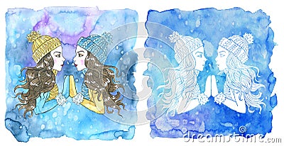 Gemini zodiac symbol. Two beautiful twin girls wearing winter hat, scarf and mittens against painted blue background with snow Cartoon Illustration