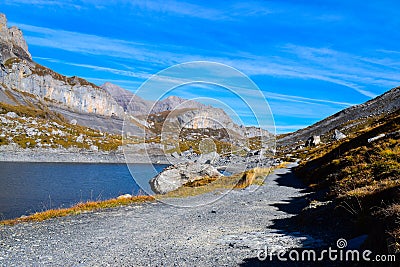 Hiking on the Gemmipass, with view of the Daubensee, Switzerland/Leukerbad Stock Photo