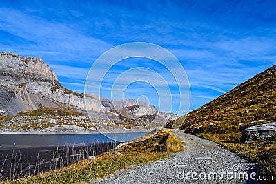 Hiking on the Gemmipass, with view of the Daubensee, Switzerland/Leukerbad Stock Photo