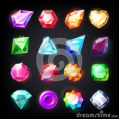 Gems. Cartoon jewelry stones for game achievement and currency, icon set of colored shiny crystals. Vector game jewels Vector Illustration