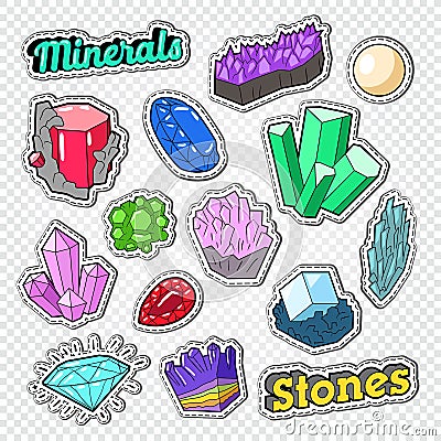 Gems Stickers, Badges and Patches. Jewelry Stones Doodle with Diamond, Crystal and Minerals Vector Illustration
