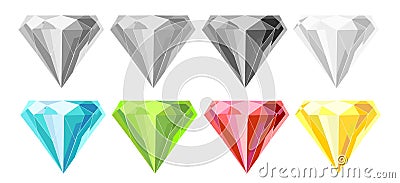 Gems. Vector jewels or precious diamonds gem set. Diamond or brilliants icons set. Colorful and monochrome diamonds Vector Illustration