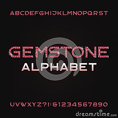 Gemstone alphabet font. Shiny ruby letters and numbers. Vector Illustration