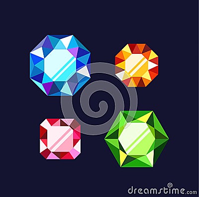 Gemstone Crystals Cartoon Game Assets. Vibrant, Faceted Jewels With Exquisite Textures, Perfect For Mystical Vector Illustration