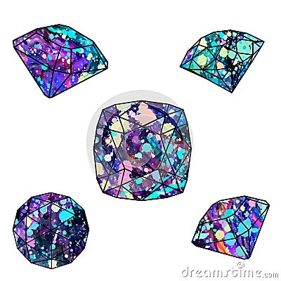 Gemstone crystals and natural minerals. Sparkling brilliant diamond, opal, emerald jewel or sapphire shine and amethyst Vector Illustration