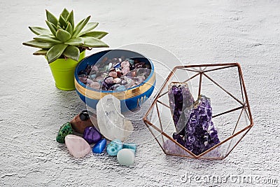 Gemstones minerals and home plant for relaxsation and meditation. Magic rock crystals. Home decoration. Life balance. Stock Photo