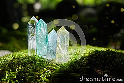 Gemstones minerals on mysterious nature background. Magic Rock for Crystal Ritual, healing spiritual practice. Stock Photo