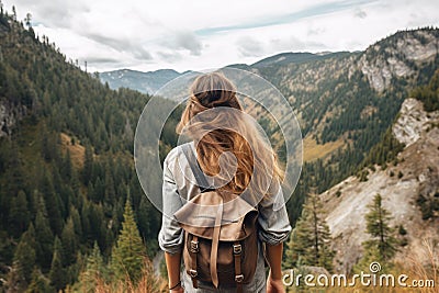 gen z woman travels through the mountains of wild nature. AI Generated Stock Photo