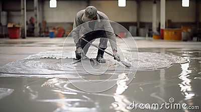 Genarative AI Worker, coating floor with self-leveling epoxy Stock Photo