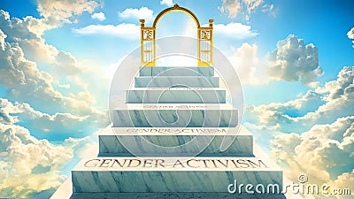 Gender activism as stairs to reach out to the heavenly gate for reward, success and happiness.Gender activism elevates a Stock Photo