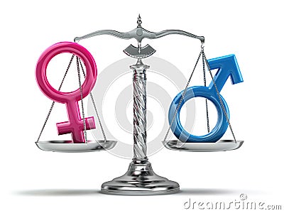 Gender equality concept. Male and female signs on the scales iso Stock Photo