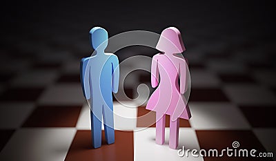 Gender equality concept. Man and woman standing on chess board. 3D rendered illustration. Cartoon Illustration