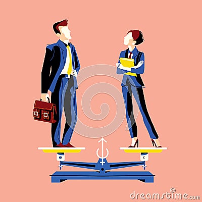 Gender equality concept with woman and man on equal height scales. Vector Illustration