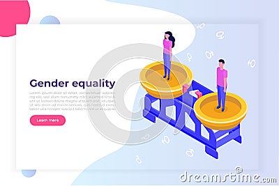 Gender equality, Equal pay and opportunity isometric concept with man and woman on scale. Vector Illustration