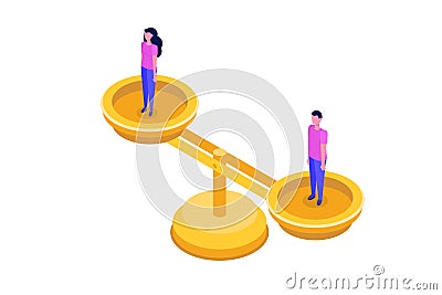 Gender equality, Equal pay and opportunity isometric concept with man and woman on scale. Vector Illustration