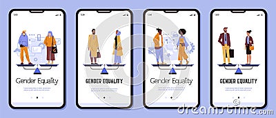 Gender equality flat vector illustration. Saudi Arab, Black and Office Employee women balance on scale with men. Vector Illustration