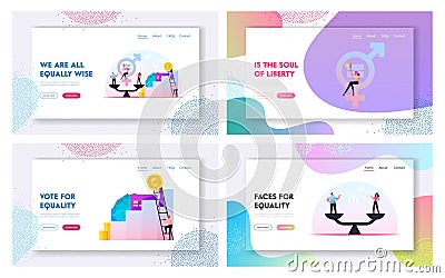 Gender Equality Landing Page Template Set. Business Worker Characters on Scales on the Same Height. Symbol of Equal Pay Vector Illustration