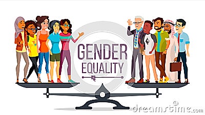 Gender Equality Vector. Man, Woman, Male, Female On Scales. Equal Opportunity. Isolated Flat Cartoon Illustration Vector Illustration