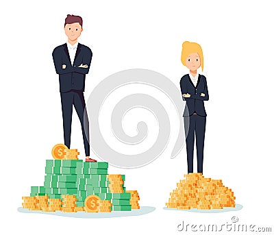 Gender gap and inequality in salary, pay vector concept. Businessman and businesswoman on piles of coins. Vector Illustration