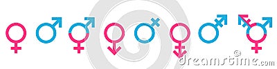Gender icon set pink and blue color. The sign of a woman, a man, a non-binary gender identity, androgynous and intersex, Vector Illustration