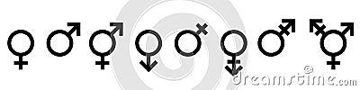 Gender icon set. The sign of a woman, a man, a non-binary gender identity, androgynous and intersex, transgender. Symbol of male, Vector Illustration