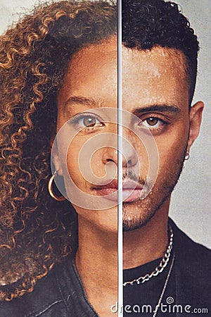 Gender Identity Concept With Composite Image Made From Halved Male And Female Facial Features Stock Photo