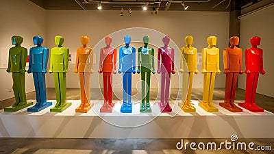 Gender marketing based on personal values. Creative exhibition of wooden multi-colored tin men Stock Photo