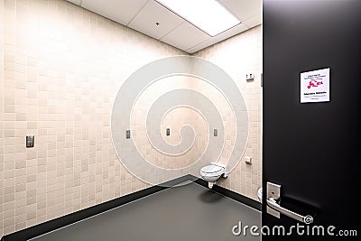 gender-neutral restroom with inclusive signage and accessories, including a toiletries kit Stock Photo